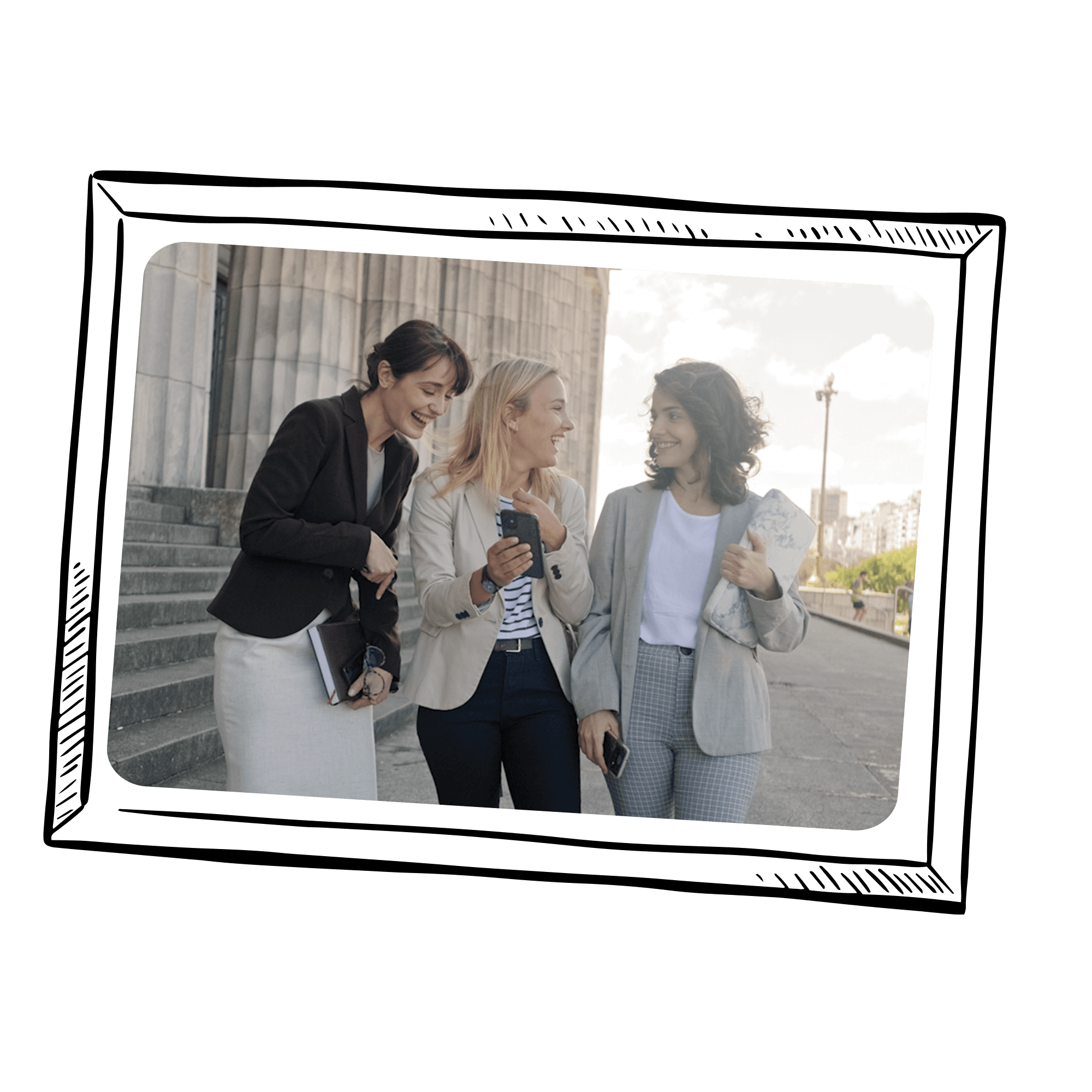 Three law students laughing together outside a courthouse