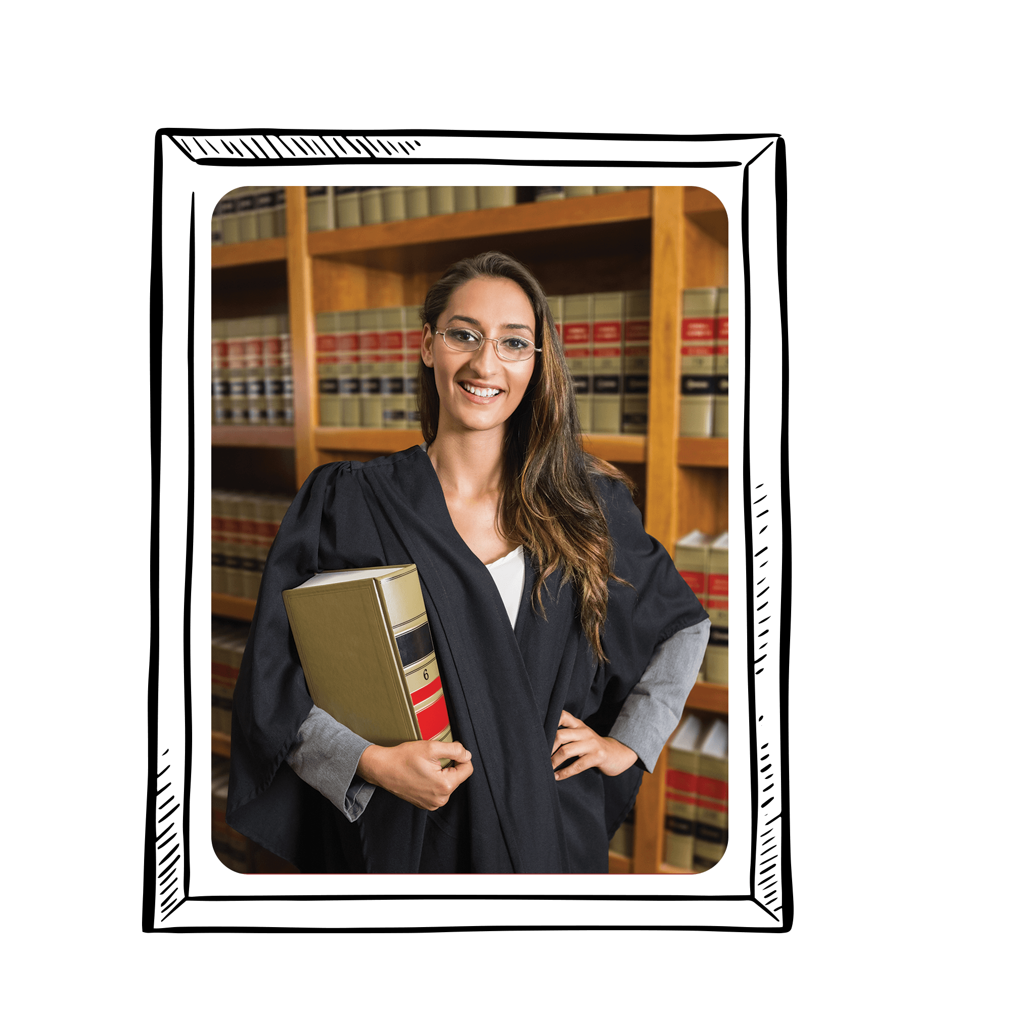 Law graduate smiling with a book in a law library